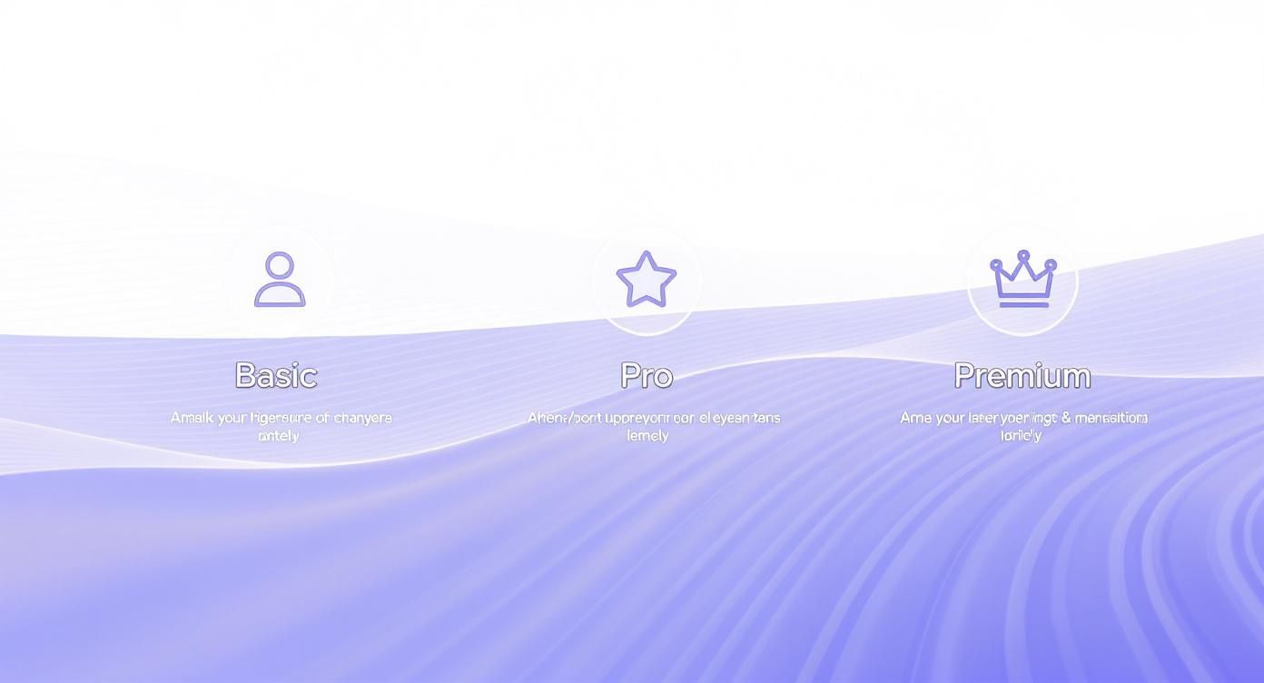 Trois paliers de service : formule de base avec une icône de personne, Pro avec une étoile, et Premium avec une couronne.