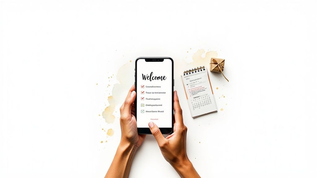 Des mains tiennent un smartphone affichant une checklist de bienvenue, à côté d’un calendrier et d’un cadeau.