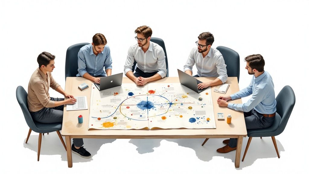 Five men collaborate around a table with laptops and a colorful strategy map, discussing ideas.