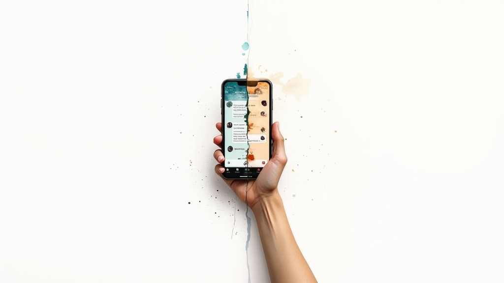 Hand holding a smartphone with a screen visually split by colorful paint drips.