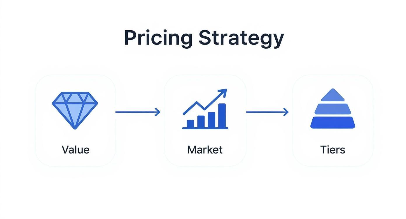 Flowchart illustrating a pricing strategy with three steps: Value (diamond), Market (growth chart), and Tiers (pyramid).