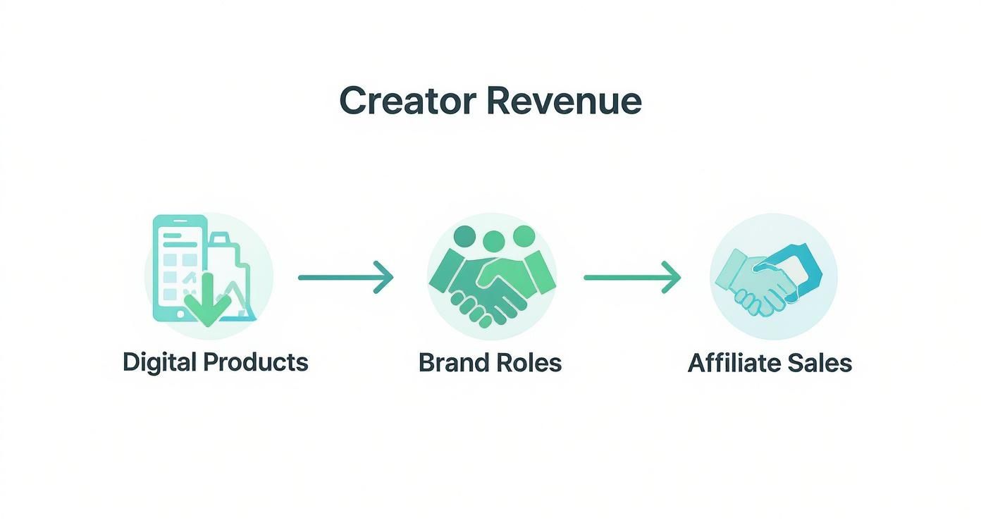 Schéma montrant trois sources de revenus pour les créateurs : produits numériques, partenariats de marque et affiliation.