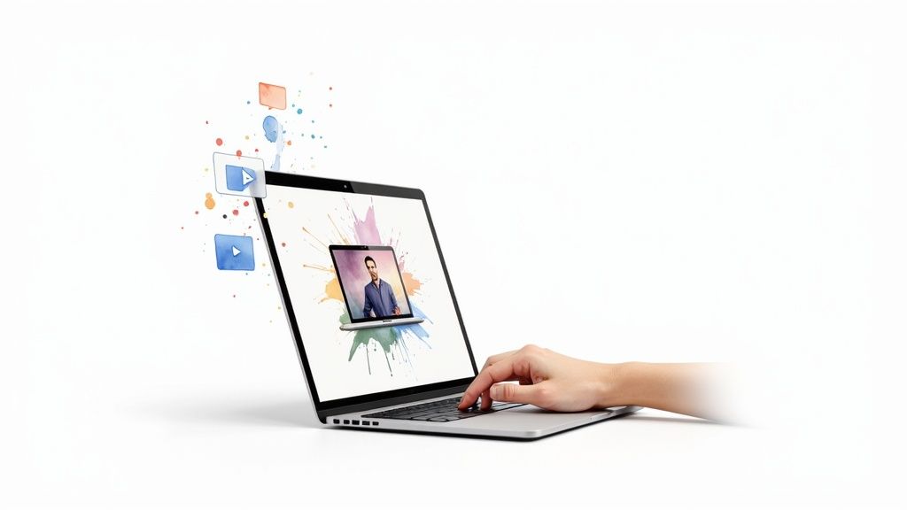 Een hand typt op een laptop met een man op het scherm, omringd door kleurrijke verfvlekken en video-iconen.