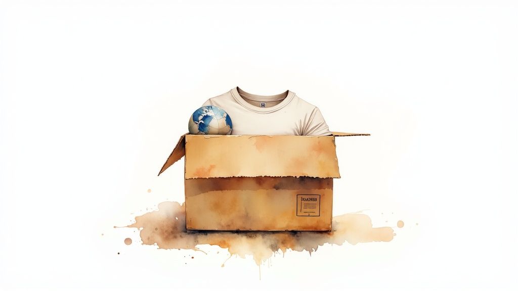 Aquarelillustratie van een kartonnen doos met een crèmekleurig T-shirt en een blauwe wereldbol, met verfvlekken.