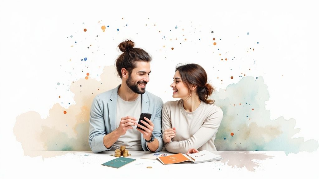 Vrolijk stel dat lacht; man houdt een telefoon vast, omringd door munten en financiële documenten op een tafel.