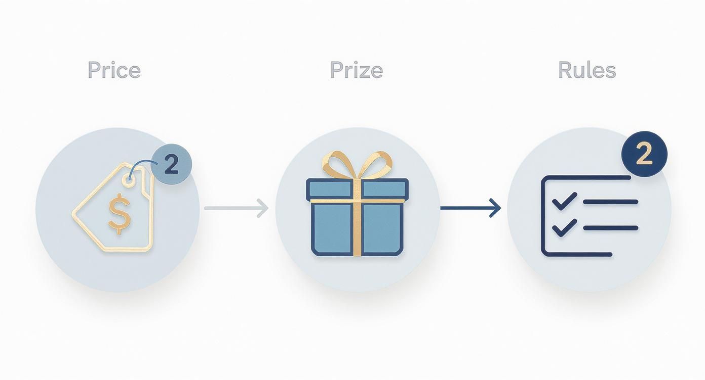 Infographic die een winactieproces toont: prijs (2), prijs en regels (2) met pictogrammen.
