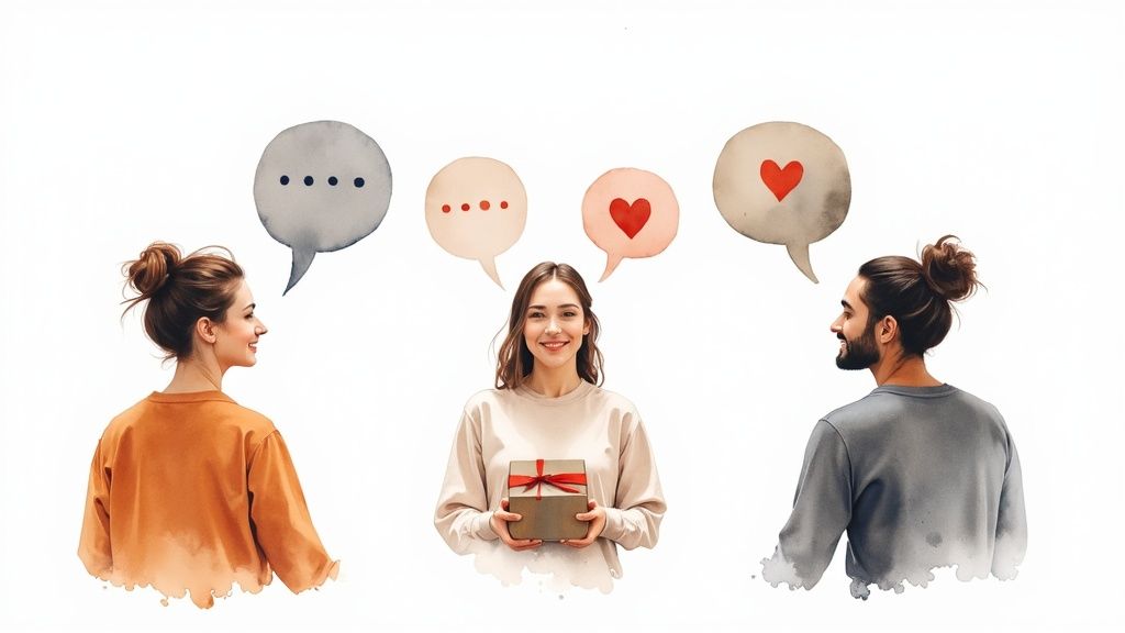 Drie diverse personen met tekstballonnen en een cadeau, als symbool voor communicatie en verbinding.