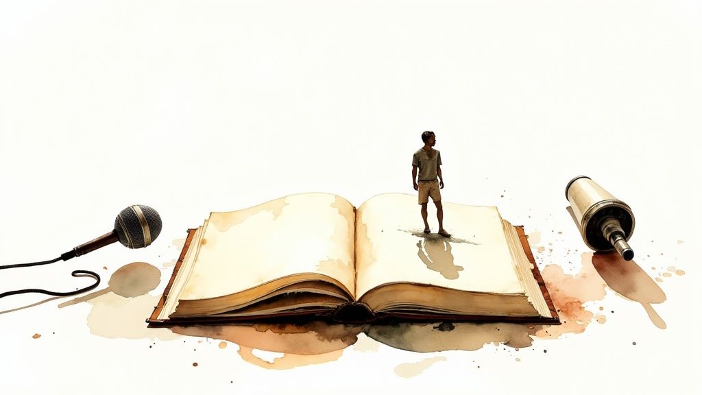 Une personne se tient sur un livre ouvert, avec un micro et une longue-vue à proximité, sur un fond blanc aquarellé.