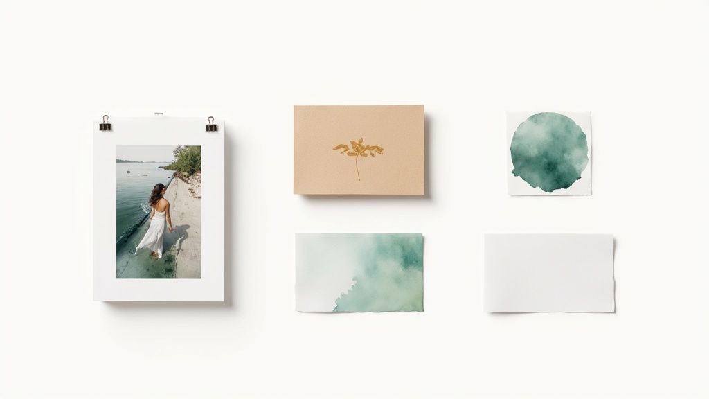 Différents éléments de branding : une affiche, des cartes avec des thèmes nature, et une illustration aquarelle sur fond blanc.