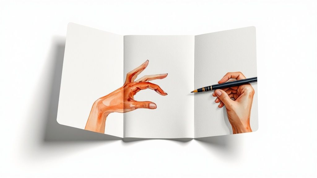 Un’illustrazione surreale su un foglio a tre ante: una mano ad acquerello viene disegnata da un’altra mano che tiene una penna.