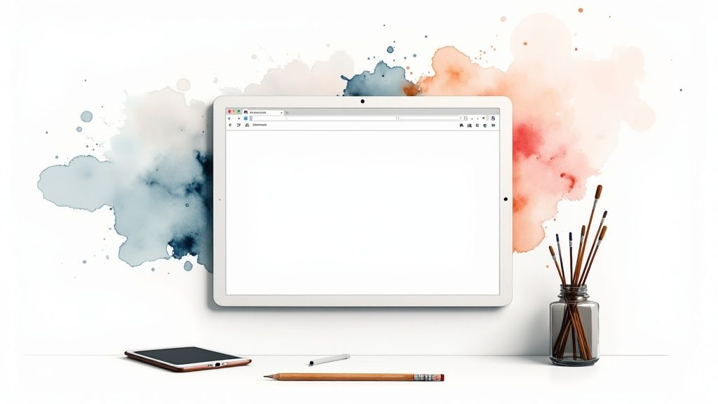 Una tableta blanca con un navegador en blanco, sobre un fondo de acuarela con material de arte.
