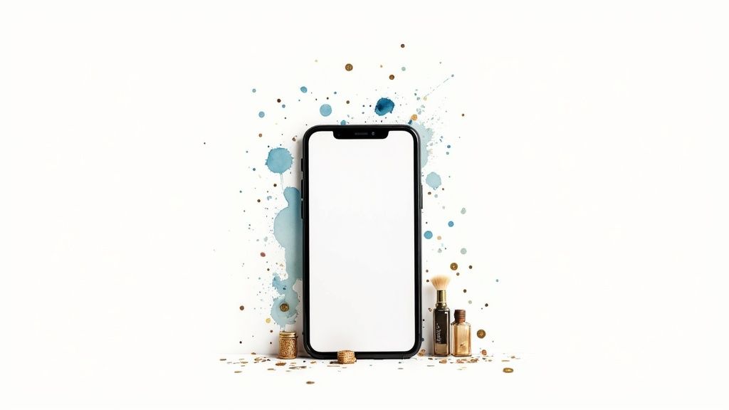 Un smartphone noir avec un écran vierge, entouré d’éclaboussures de peinture bleue et de paillettes dorées.