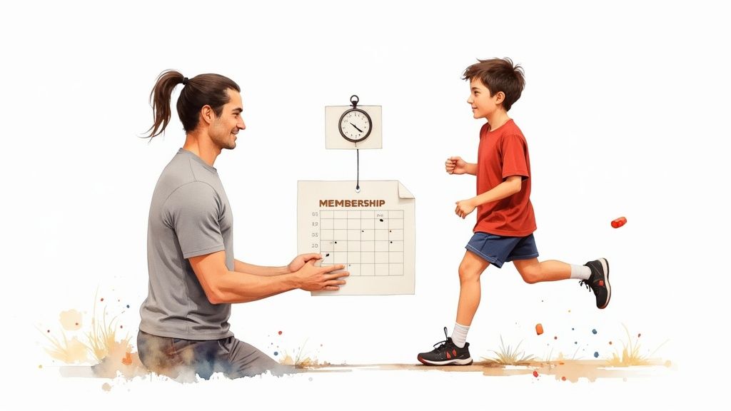 Een man houdt een lidmaatschapkalender vast en glimlacht naar een rennende jongen: symbool voor fitnesscoaching en voortgangsmeting.