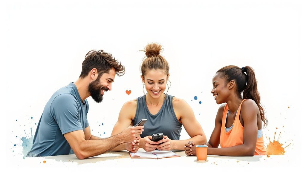 Drie lachende jongvolwassenen in sportkleding, met smartphones, in gesprek aan een tafel.