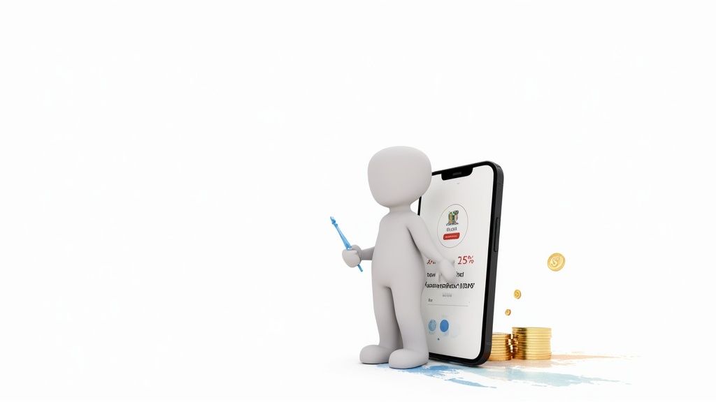 Personaje 3D con un pincel junto a un smartphone con una app y pilas de monedas de oro, simbolizando ganancias digitales.