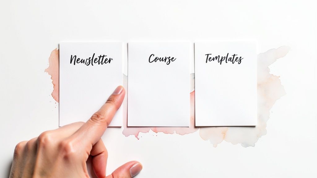 Una mano señala una tarjeta blanca con el texto "Newsletter", junto a "Course" y "Templates".