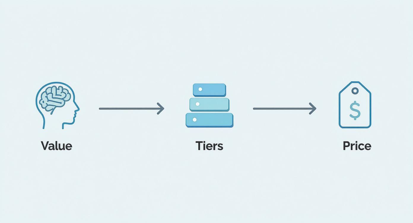 Diagrama que muestra el paso de valor (icono de cerebro) a niveles (bloques apilados) y a precio (etiqueta de dólar).