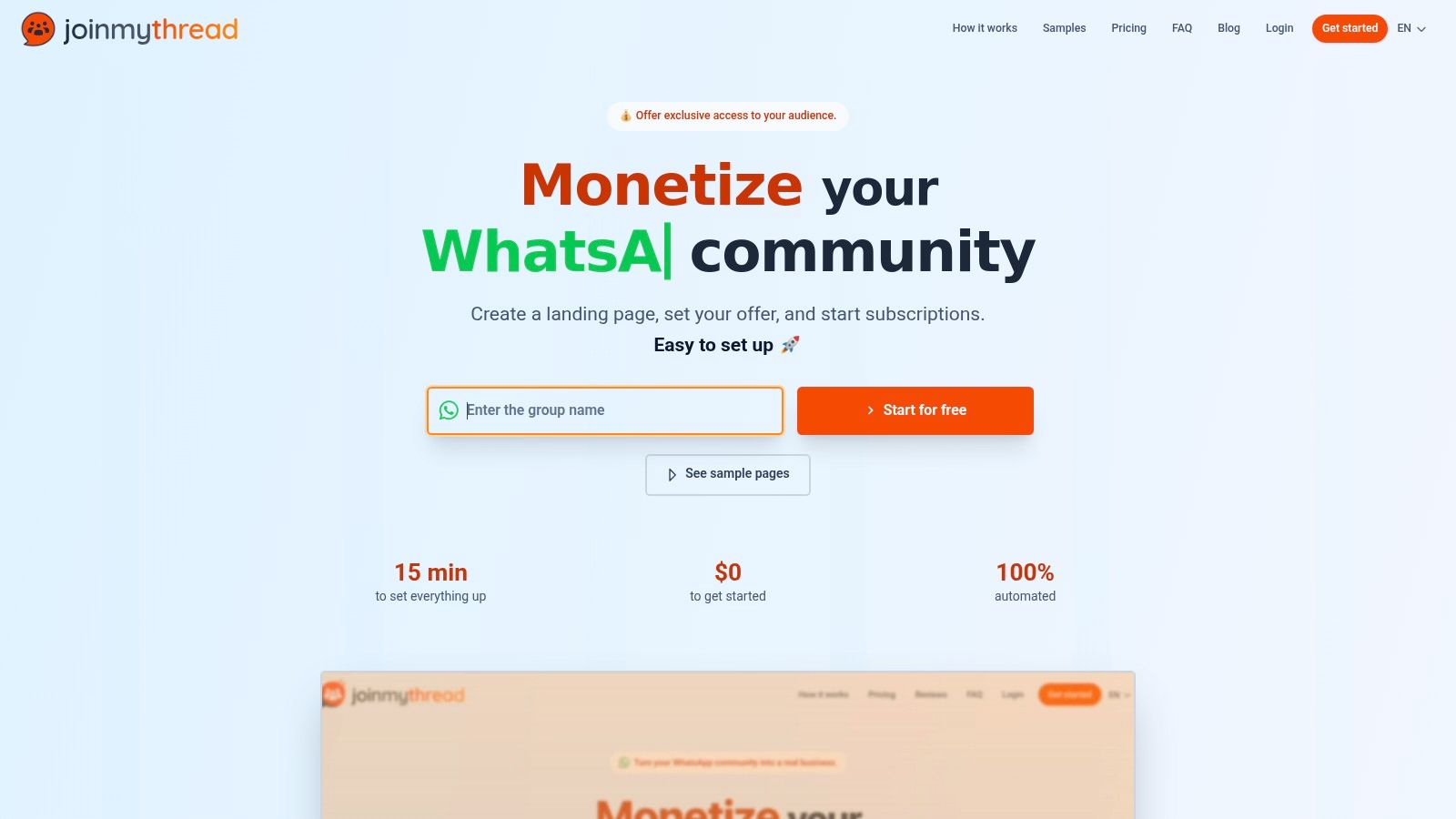 Iemand die het Join My Thread-platform op zijn telefoon gebruikt om een betaalde WhatsApp-community te beheren