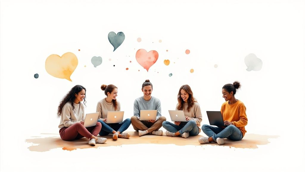 Verschiedene Lernende arbeiten glücklich gemeinsam an Laptops, darüber schweben bunte Aquarell-Herzen.