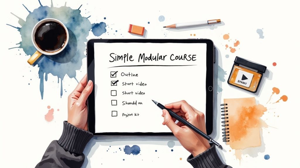 Hände halten ein Tablet mit einer Online-Kurs-Checkliste, daneben Kaffee und Schreibwaren.