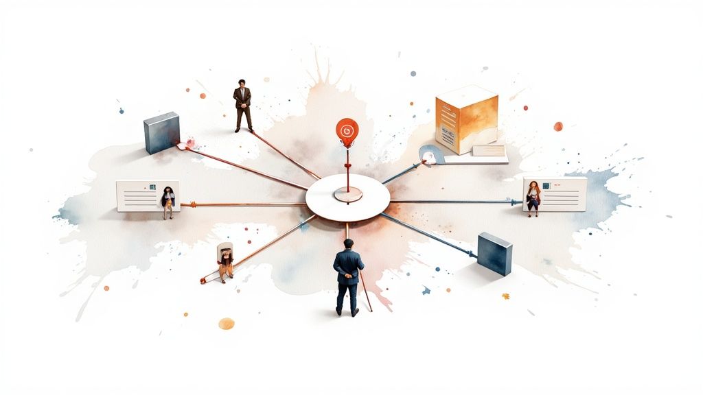 Aquarell-Illustration eines zentralen Hubs, der verschiedene Menschen und digitale Systeme verbindet.