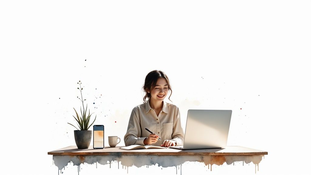 Een glimlachende Aziatische vrouw werkt aan een bureau met een laptop, schrijft in een notitieboek en wordt omringd door een plant, telefoon en mok.