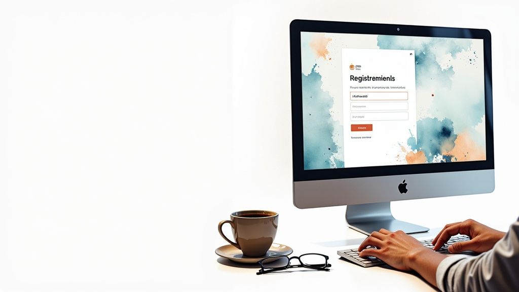 Iemand typt op een iMac waarop een registratieformulier te zien is, met een koffiekopje en een bril op het bureau.