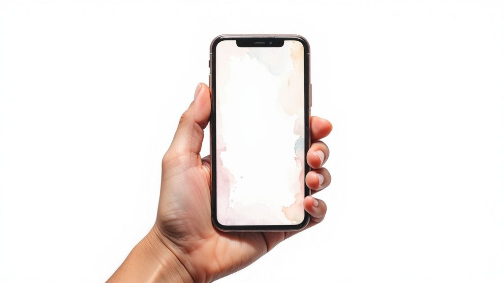 Een hand houdt een moderne smartphone vast met een leeg scherm en zachte aquarel-randen op een witte achtergrond.