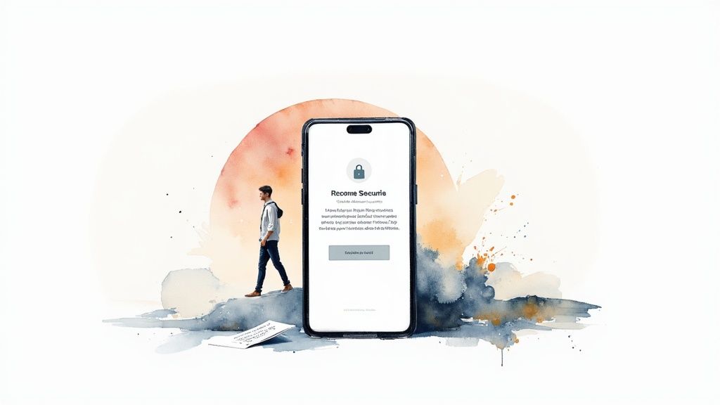 Iemand loopt langs een smartphone met een slot-icoon in een aquarel-illustratie.