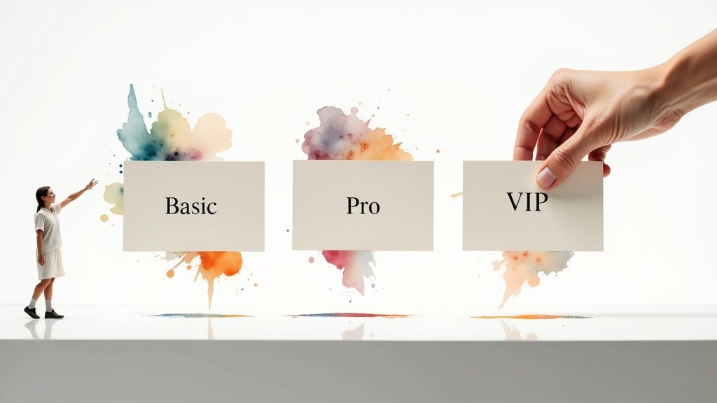 A hand presenting a 'VIP' card alongside 'Basic' and 'Pro' cards, illustrating service options.