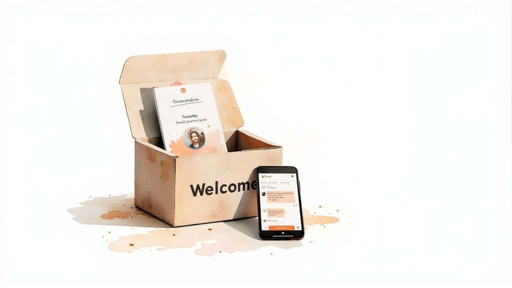 An open welcome box containing a book with a person's photo and a smartphone displaying a chat app.
