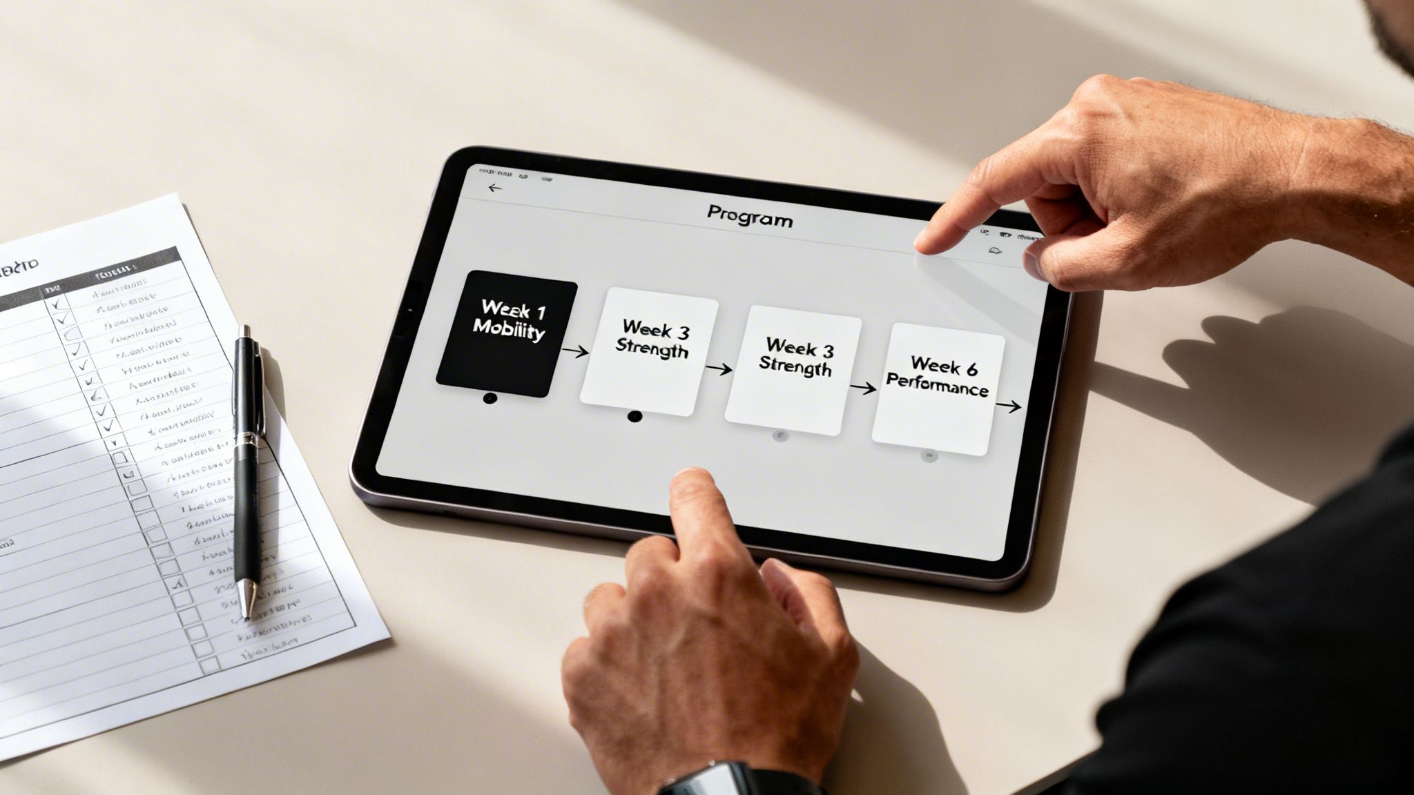 Person using a tablet to plan a fitness program with stages like mobility, strength, and performance.