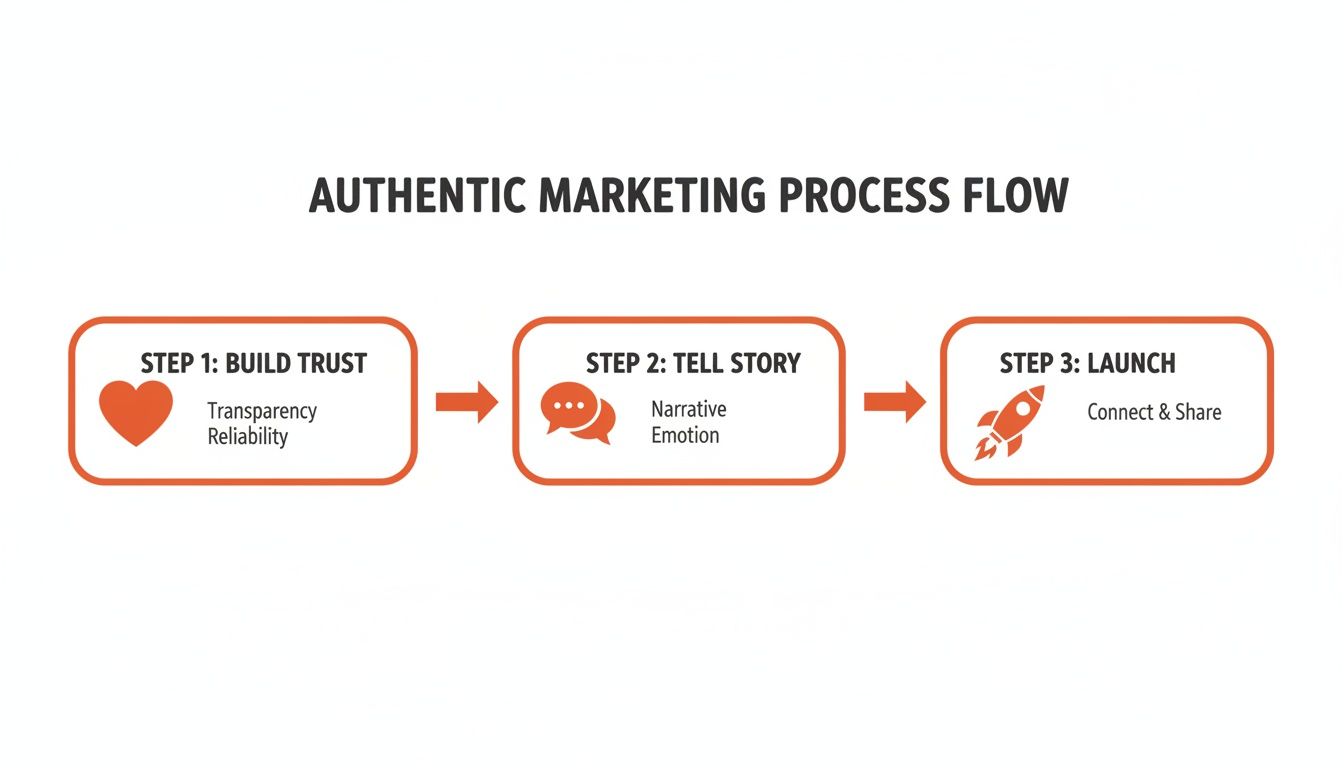 A marketing process flow diagram illustrating three key steps for authentic marketing: Build Trust, Tell Story, and Launch.