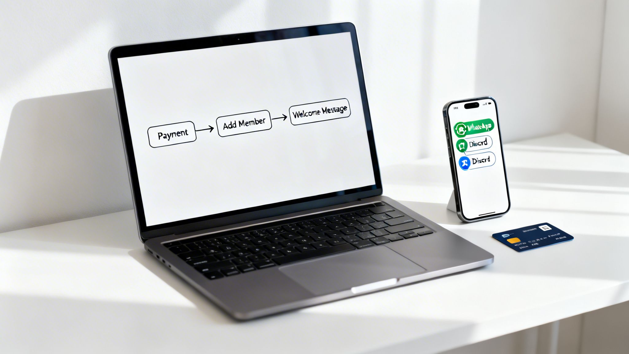 Laptop displays a workflow diagram for payment, adding member, and welcome message. A smartphone shows WhatsApp and Discord apps, next to a credit card.