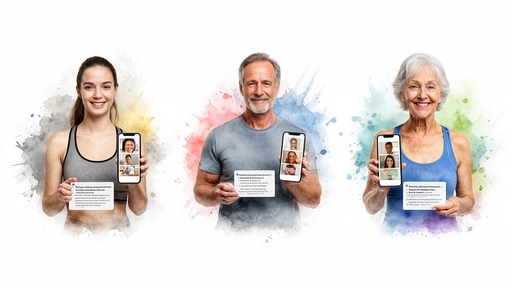 Drei lächelnde Personen unterschiedlichen Alters halten Smartphones mit Videoanrufen und Infokarten in der Hand.