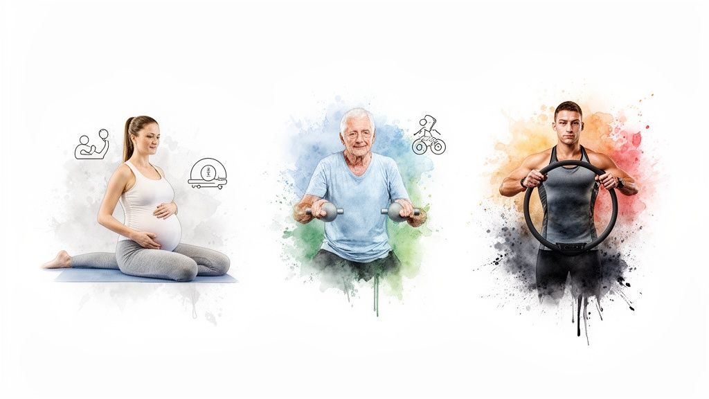 Verschiedene Menschen beim Training: schwangere Frau, Senior mit Gewichten und sportlicher Mann mit Pilates-Ring.