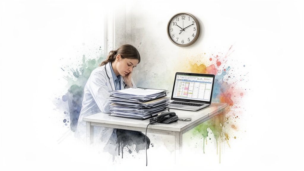 Overwhelmed doctor in a lab coat at a desk with many documents and a laptop.