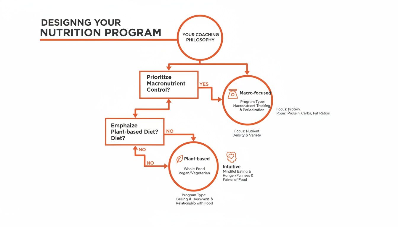 Flowchart outlining a nutrition program design, starting with coaching philosophy, leading to macro-focused, plant-based, or intuitive diet options.