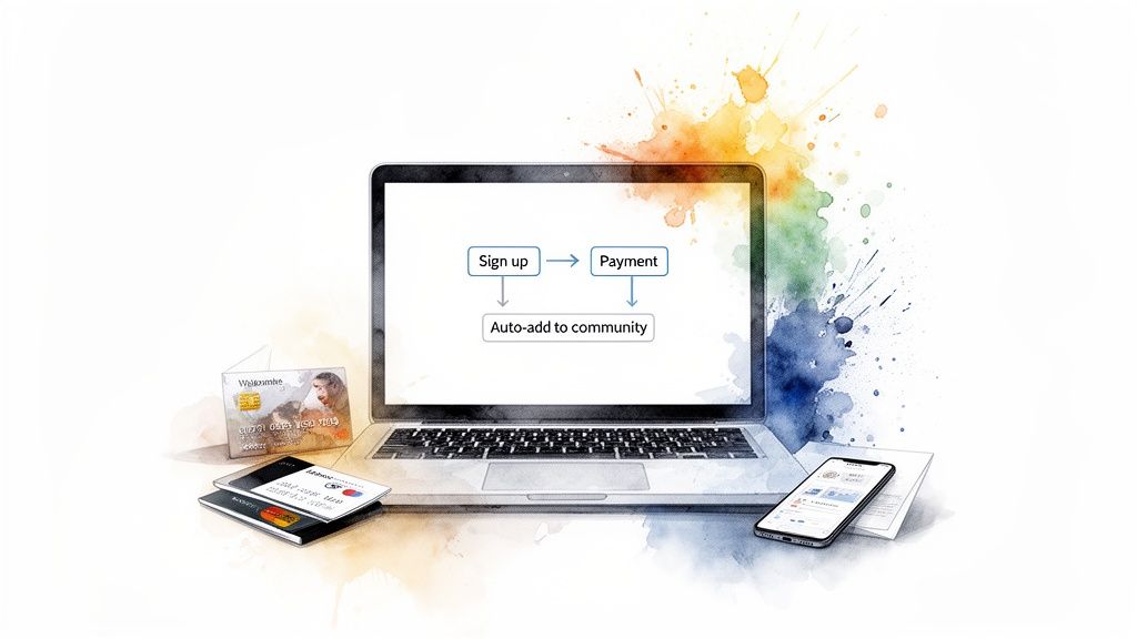 Watercolor illustration of a laptop displaying an online payment flowchart, surrounded by credit cards and a smartphone.