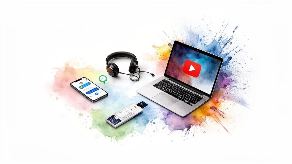 Setup tecnológico moderno con un portátil, teléfono, auriculares y lector de tarjetas entre salpicaduras de color.