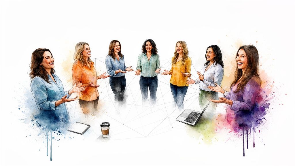 Aquarelillustratie van zeven glimlachende vrouwen die in een cirkel samenwerken, verbonden door netwerklijnen.