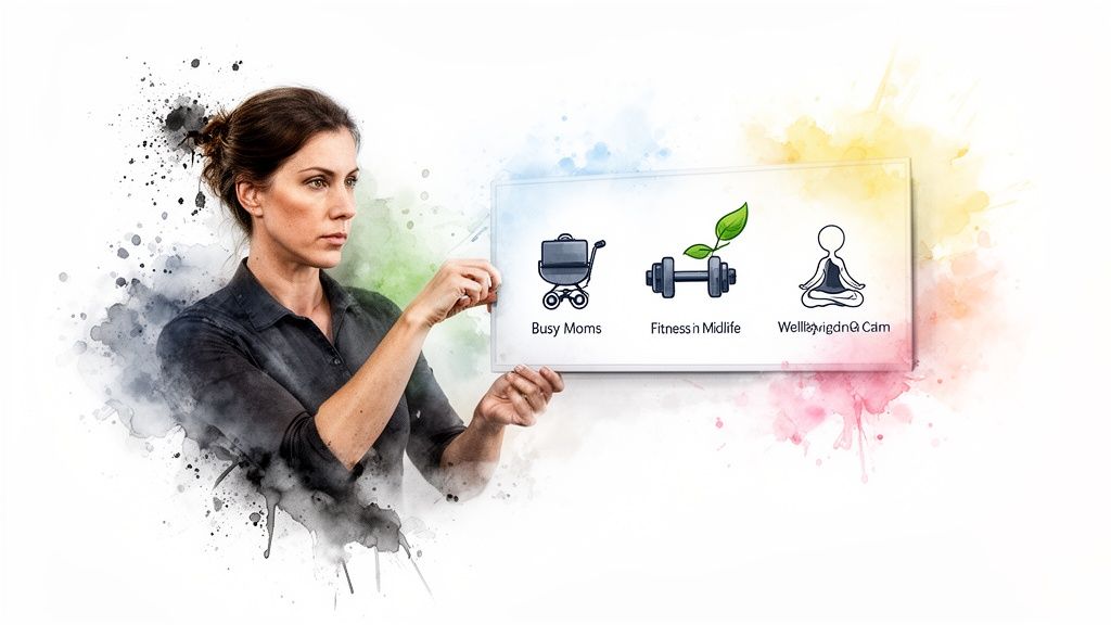 Een vrouw presenteert een bord met drie categorieën: Busy Moms, Fitness n Midlife en Wellbeing.