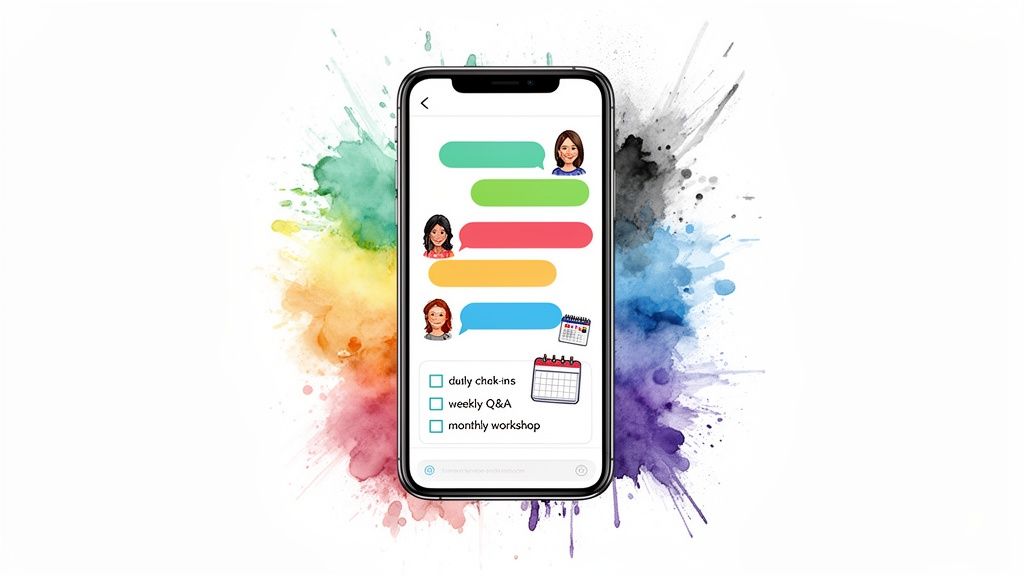Smartphone met een coaching-app, vrouwelijke mentoren, kleurrijke chats en een activiteitenplanning tegen een aquarelachtergrond.