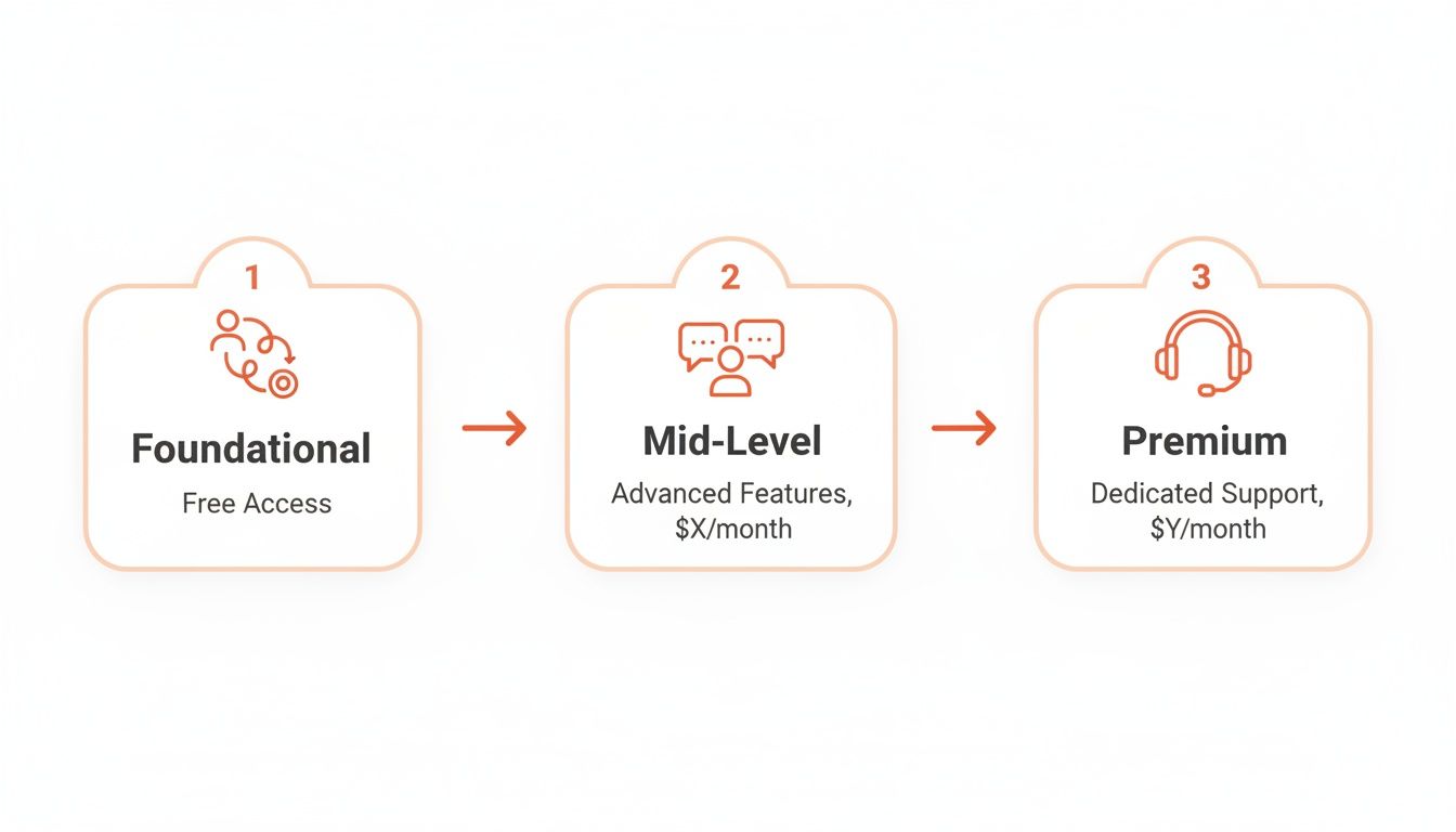 Visuele weergave van een drie-tier service model: Foundational, Mid-Level en Premium, met features en pricing.