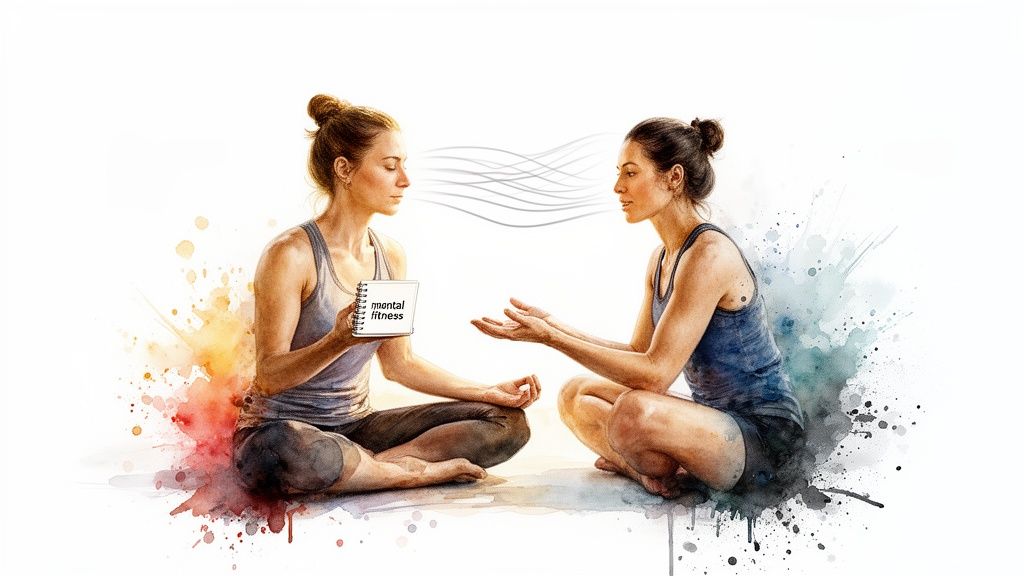 Due donne meditano, una tiene un taccuino con scritto 'fitness mentale', a illustrare coaching mentale e connessione.