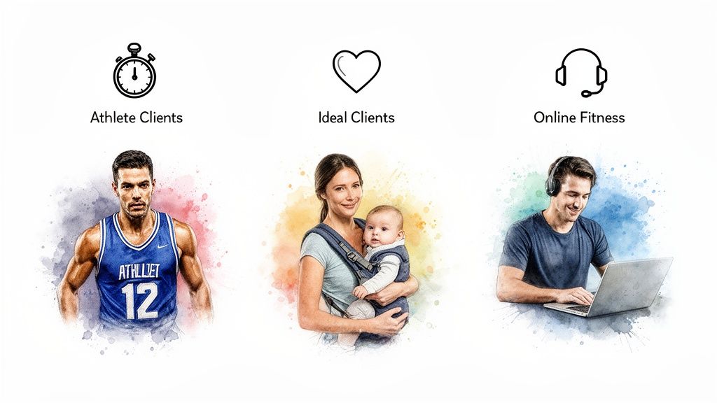 Tre illustrazioni ad acquerello che rappresentano diversi tipi di clienti: un atleta, una mamma con un neonato e un uomo che fa fitness online.
