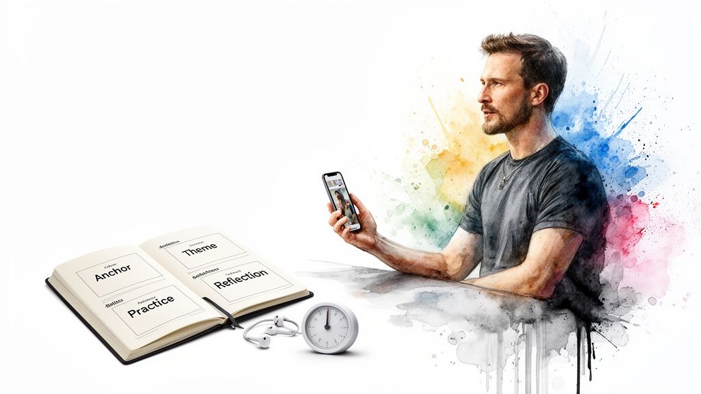 Uomo ad acquerello con smartphone, diario aperto per riflettere, auricolari e un timer.