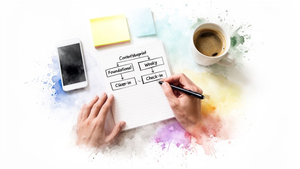 Iemand tekent een flowchart 'Content blueprint' in een notitieboek, met een telefoon en koffie erbij.