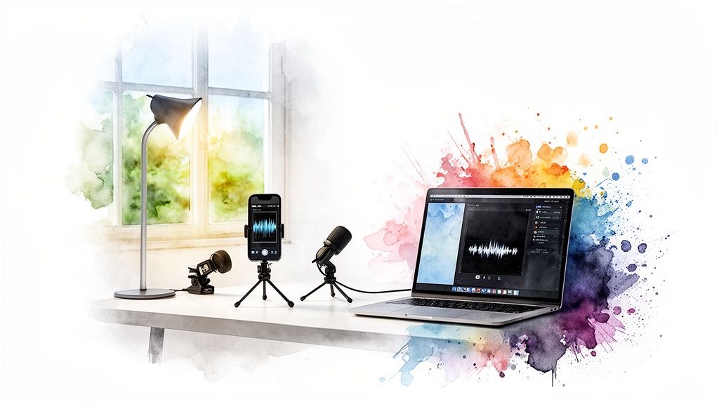 Een creatieve werkplek met laptop, smartphone en microfoons voor online content, omringd door aquarelkunst.