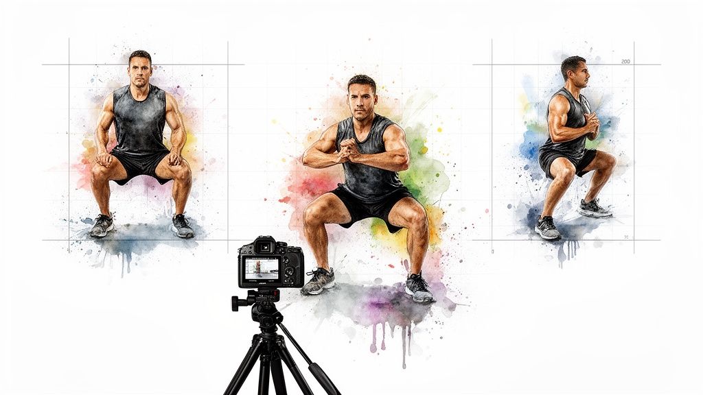 Een man demonstreert squatoefeningen in drie aquarelposes, gefilmd door een camera op een statief.